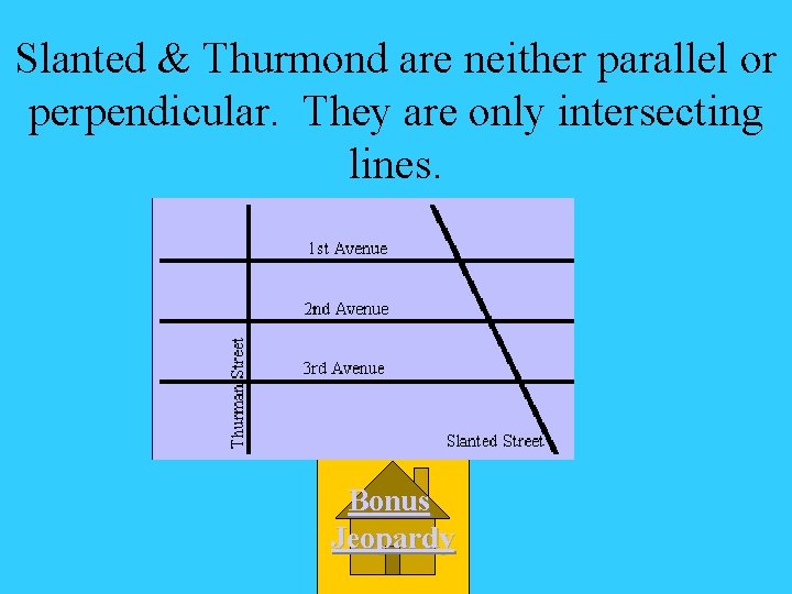 Slanted & Thurmond are neither parallel or perpendicular. They are only intersecting lines. Bonus