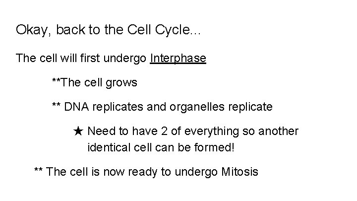 Okay, back to the Cell Cycle. . . The cell will first undergo Interphase