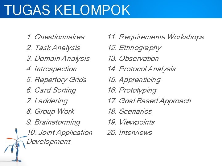 TUGAS KELOMPOK 1. Questionnaires 2. Task Analysis 3. Domain Analysis 4. Introspection 5. Repertory