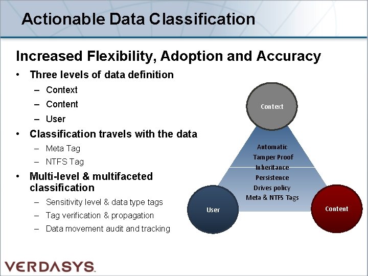 Actionable Data Classification Increased Flexibility, Adoption and Accuracy • Three levels of data definition