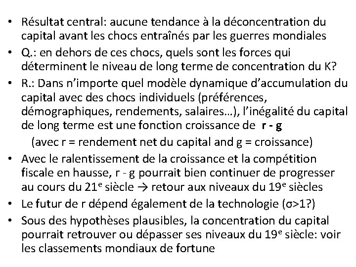  • Résultat central: aucune tendance à la déconcentration du capital avant les chocs