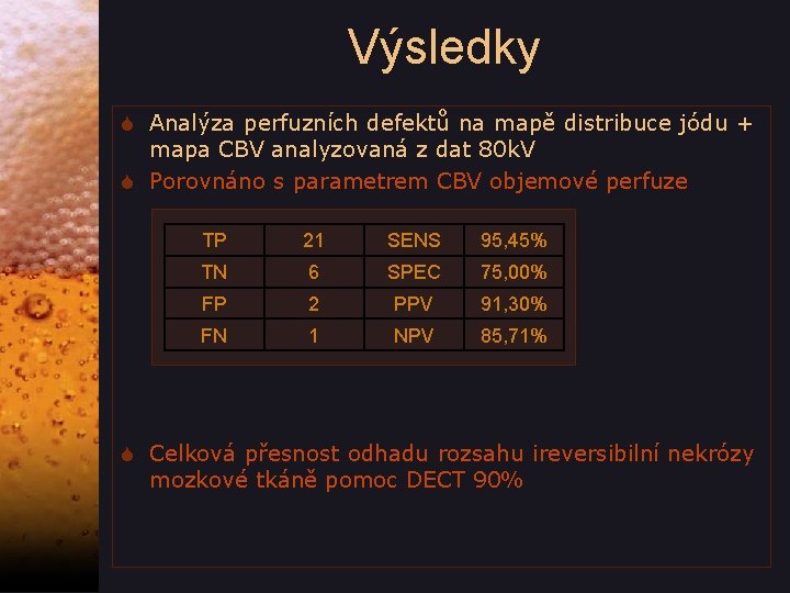 Výsledky S Analýza perfuzních defektů na mapě distribuce jódu + mapa CBV analyzovaná z