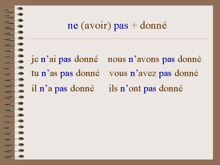 ne (avoir) pas + donné je n’ai pas donné nous n’avons pas donné tu