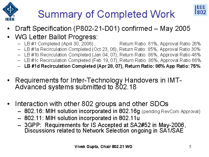 Summary of Completed Work • Draft Specification (P 802 -21 -D 01) confirmed –