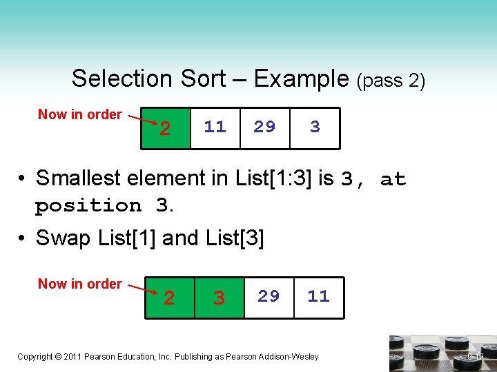 Selection Sort – Example (pass 2) Now in order 2 11 29 3 •