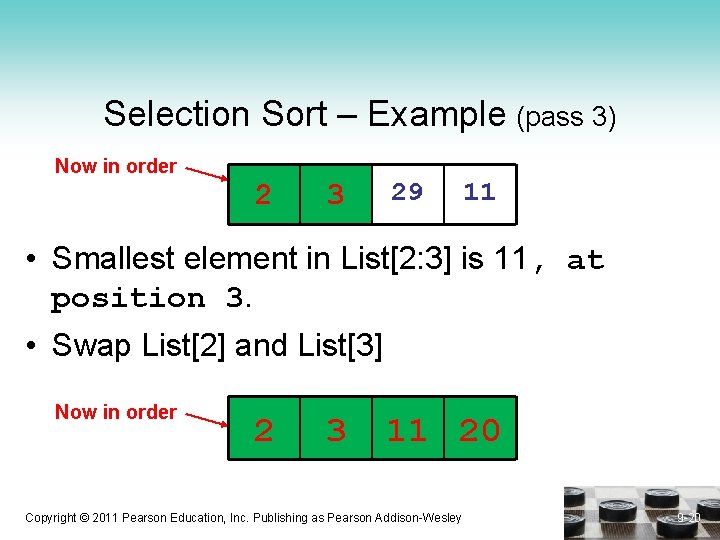 Selection Sort – Example (pass 3) Now in order 2 3 29 11 •