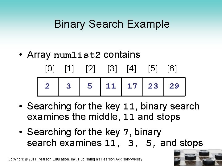 Binary Search Example • Array numlist 2 contains [0] [1] [2] [3] [4] [5]