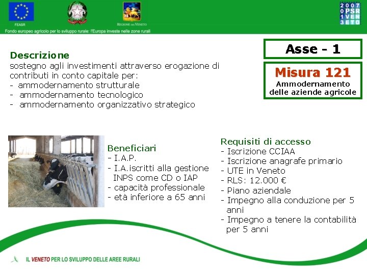 Asse - 1 Descrizione sostegno agli investimenti attraverso erogazione di contributi in conto capitale