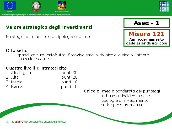 Valore strategico degli investimenti Strategicità in funzione di tipologia e settore Asse - 1