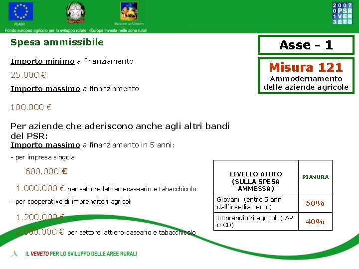 Spesa ammissibile Asse - 1 Importo minimo a finanziamento Misura 121 25. 000 €