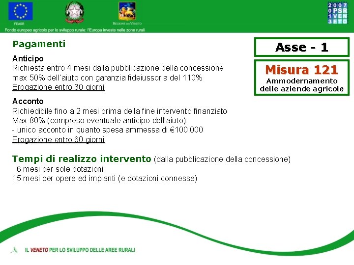 Pagamenti Anticipo Richiesta entro 4 mesi dalla pubblicazione della concessione max 50% dell’aiuto con