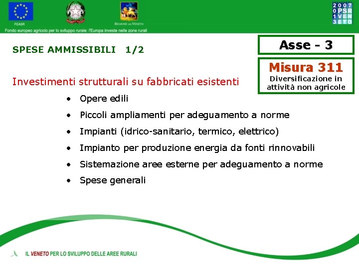 SPESE AMMISSIBILI 1/2 Asse - 3 Misura 311 Investimenti strutturali su fabbricati esistenti Diversificazione