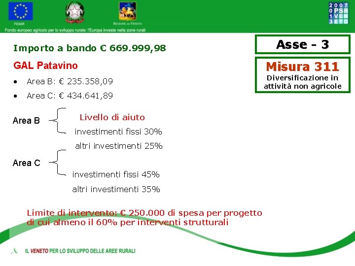 Importo a bando € 669. 999, 98 Misura 311 GAL Patavino • Area B: