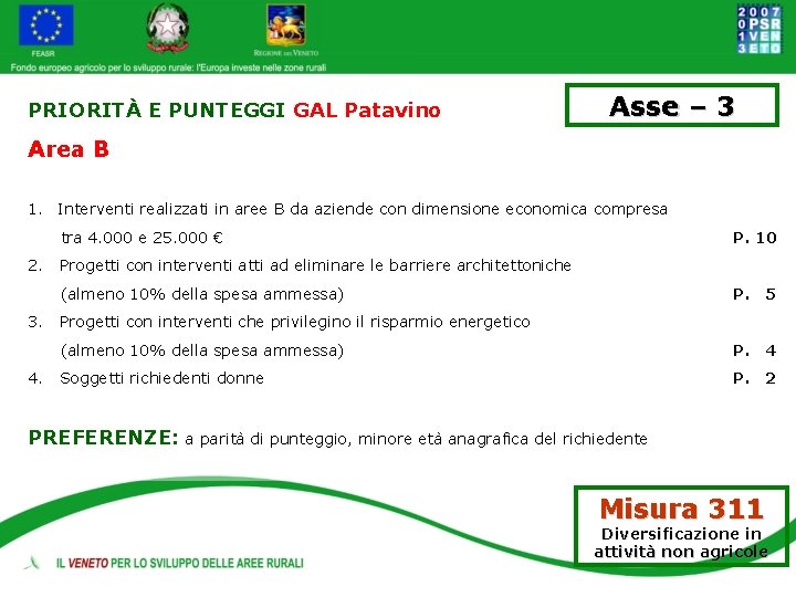 PRIORITÀ E PUNTEGGI GAL Patavino Asse – 3 Area B 1. Interventi realizzati in