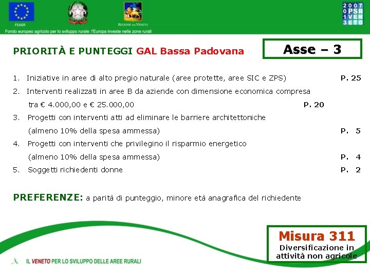 PRIORITÀ E PUNTEGGI GAL Bassa Padovana Asse – 3 1. Iniziative in aree di