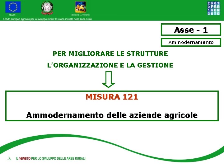 Asse - 1 Ammodernamento PER MIGLIORARE LE STRUTTURE L’ORGANIZZAZIONE E LA GESTIONE MISURA 121