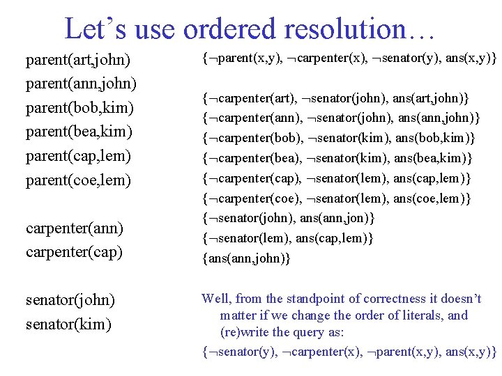 Let’s use ordered resolution… parent(art, john) parent(ann, john) parent(bob, kim) parent(bea, kim) parent(cap, lem)