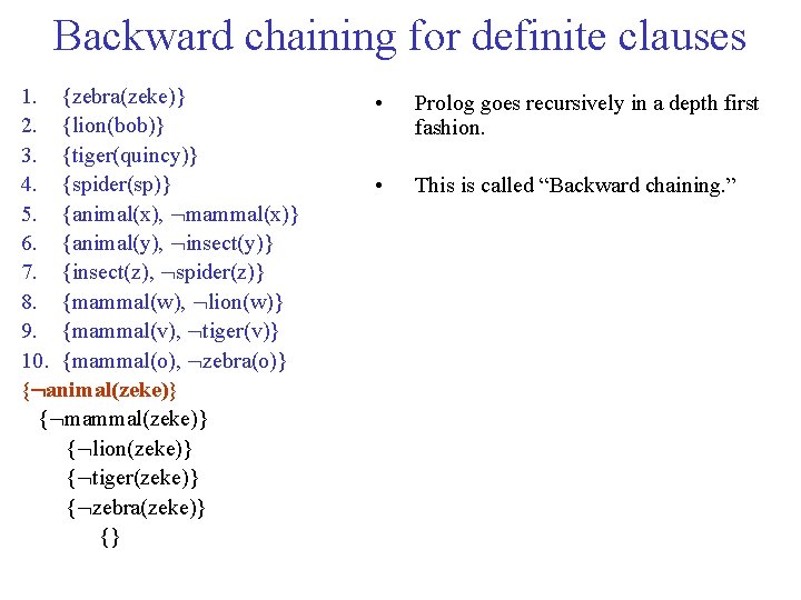 Backward chaining for definite clauses 1. {zebra(zeke)} 2. {lion(bob)} 3. {tiger(quincy)} 4. {spider(sp)} 5.