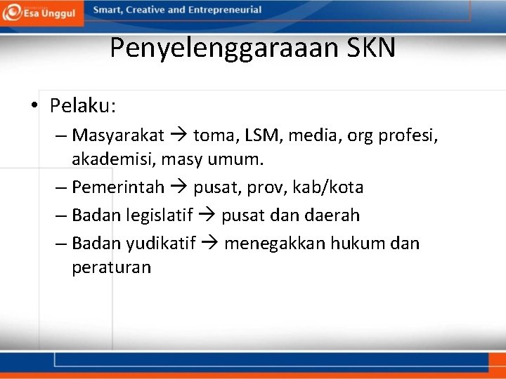 Penyelenggaraaan SKN • Pelaku: – Masyarakat toma, LSM, media, org profesi, akademisi, masy umum.