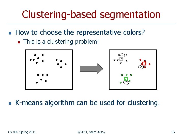 Clustering-based segmentation n How to choose the representative colors? n n This is a