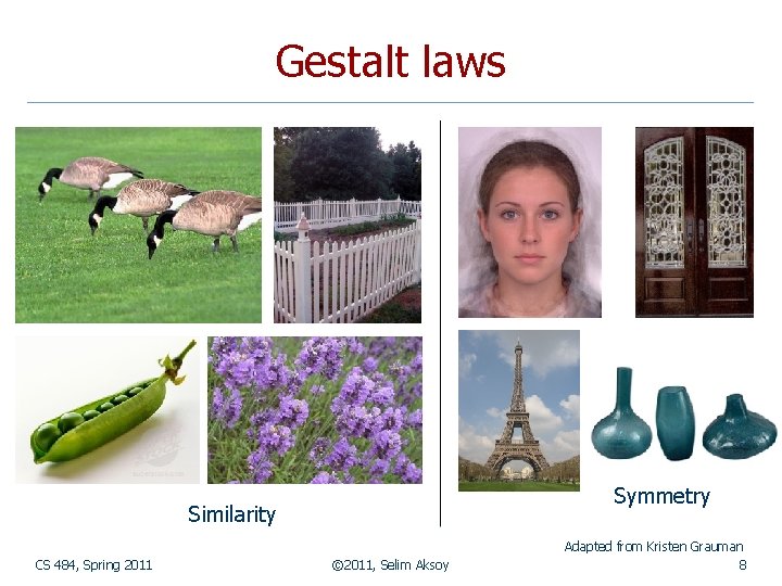 Gestalt laws Symmetry Similarity CS 484, Spring 2011 © 2011, Selim Aksoy Adapted from