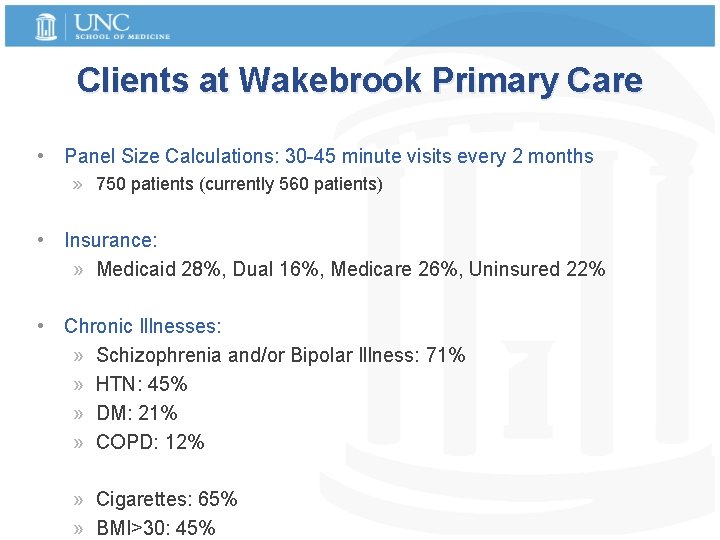 Clients at Wakebrook Primary Care • Panel Size Calculations: 30 -45 minute visits every