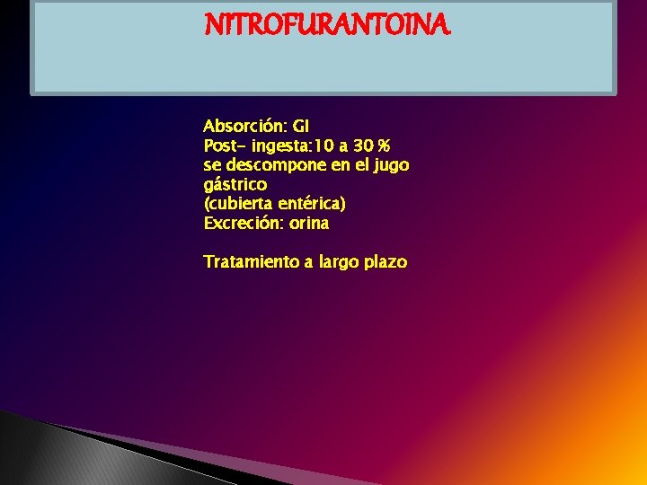 NITROFURANTOINA Absorción: GI Post- ingesta: 10 a 30 % se descompone en el jugo