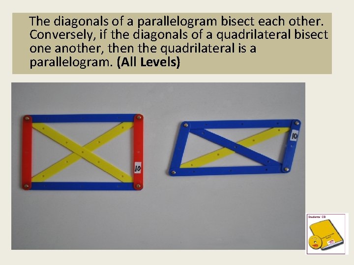 The diagonals of a parallelogram bisect each other. Conversely, if the diagonals of a