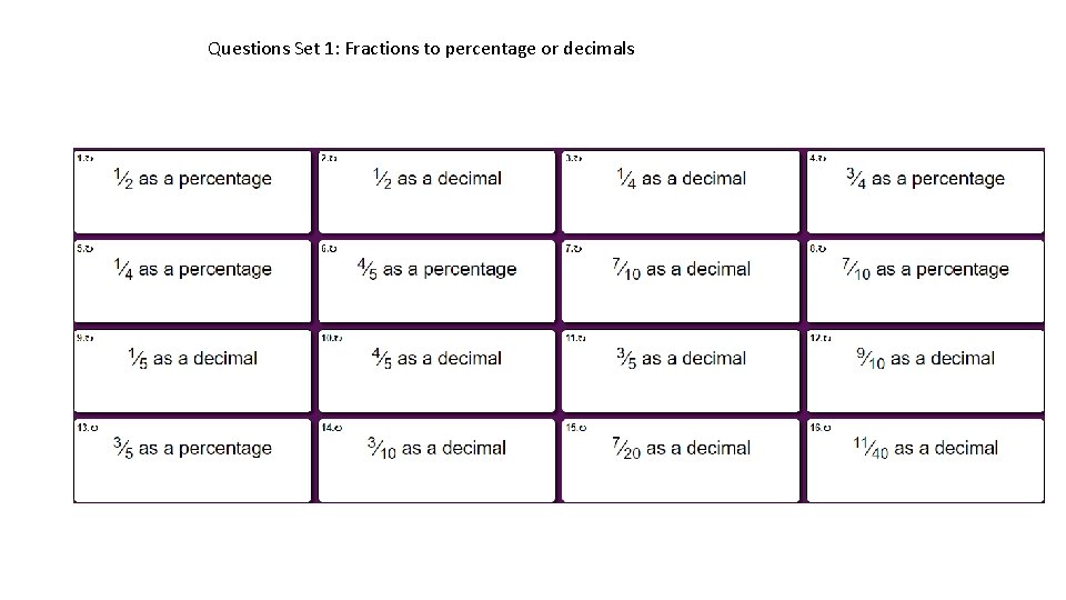 Questions Set 1: Fractions to percentage or decimals 