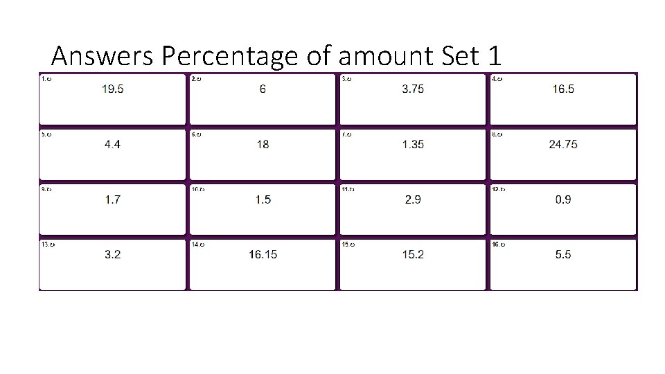 Answers Percentage of amount Set 1 