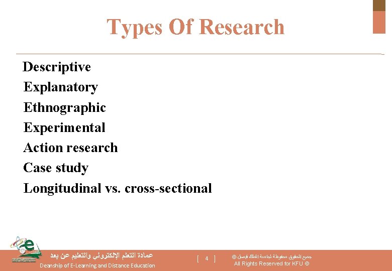 Types Of Research Descriptive Explanatory Ethnographic Experimental Action research Case study Longitudinal vs. cross-sectional