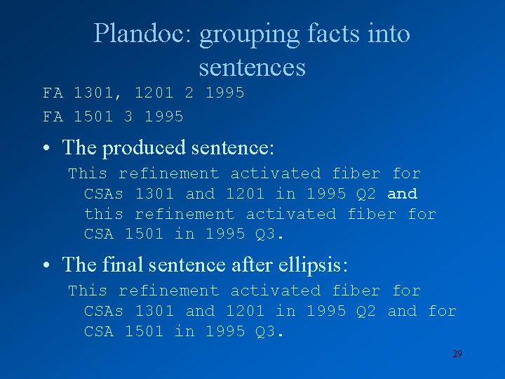 Plandoc: grouping facts into sentences FA 1301, 1201 2 1995 FA 1501 3 1995