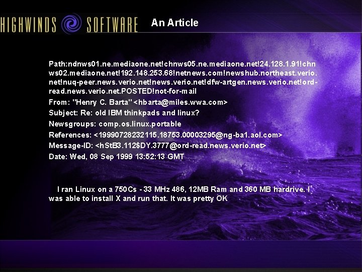 An Article Path: ndnws 01. ne. mediaone. net!chnws 05. ne. mediaone. net!24. 128. 1. An Article Path: ndnws 01. ne. mediaone. net!chnws 05. ne. mediaone. net!24. 128. 1.