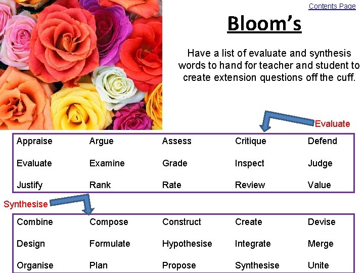 Bloom’s Contents Page Have a list of evaluate and synthesis words to hand for
