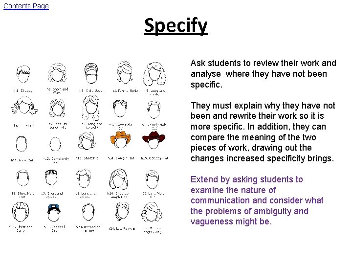 Contents Page Specify Ask students to review their work and analyse where they have