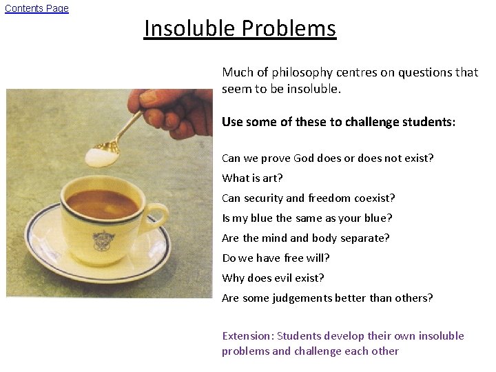 Contents Page Insoluble Problems Much of philosophy centres on questions that seem to be
