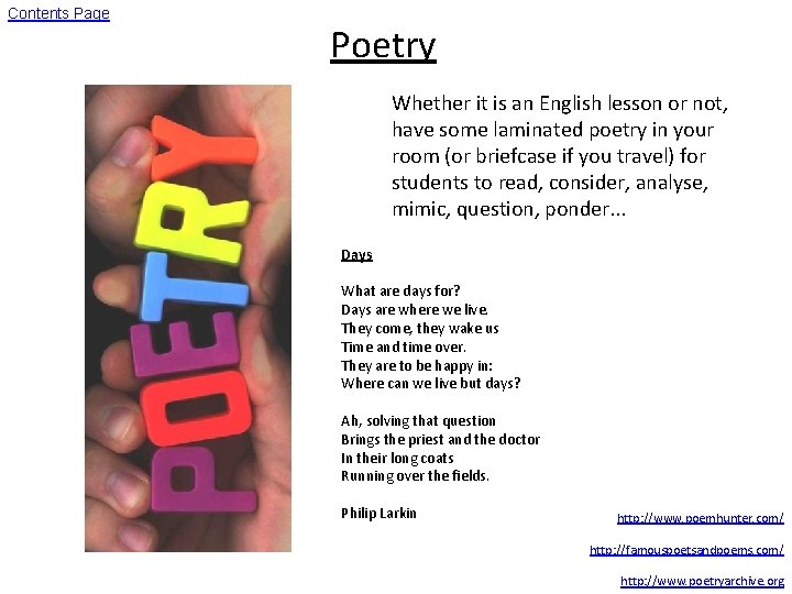 Contents Page Poetry Whether it is an English lesson or not, have some laminated