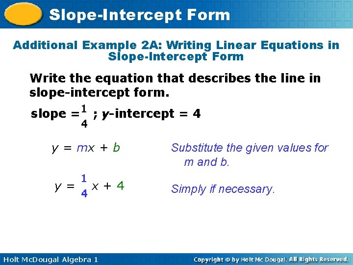 Slope-Intercept Form Additional Example 2 A: Writing Linear Equations in Slope-Intercept Form Write the