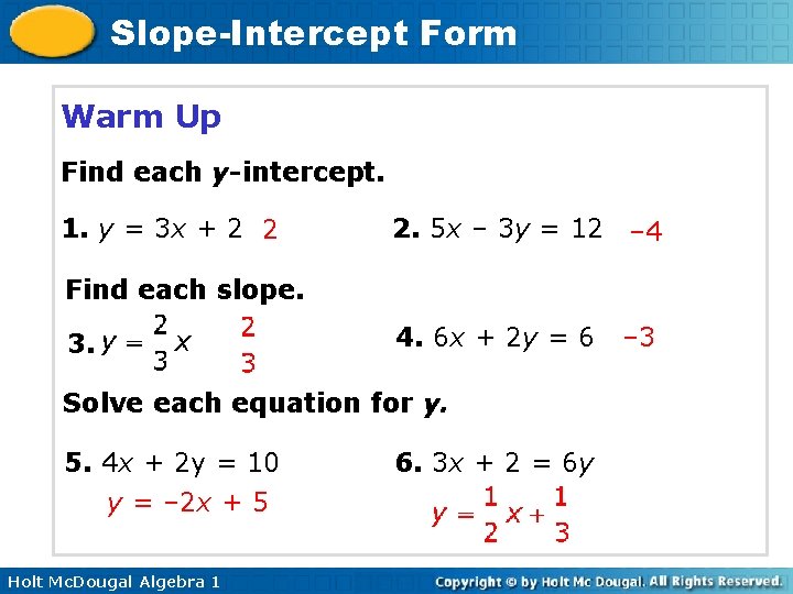 Slope-Intercept Form Warm Up Find each y-intercept. 1. y = 3 x + 2