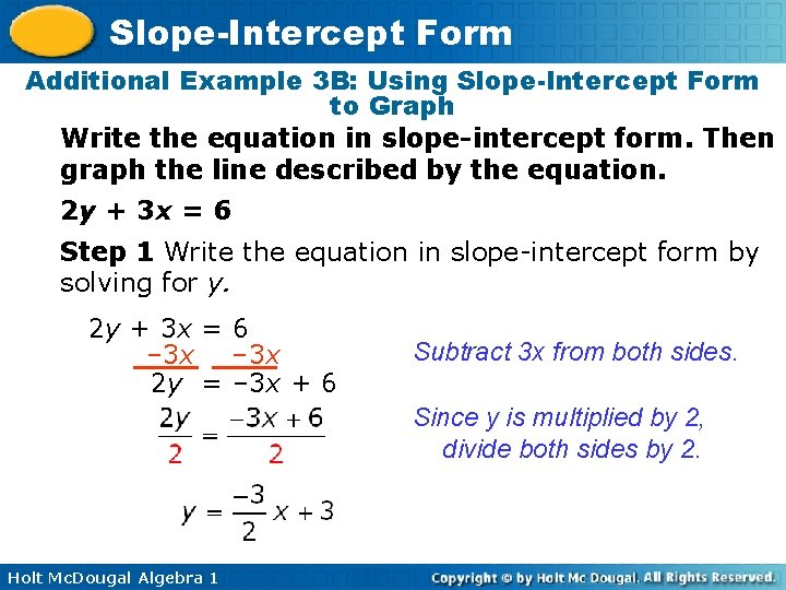 Slope-Intercept Form Additional Example 3 B: Using Slope-Intercept Form to Graph Write the equation