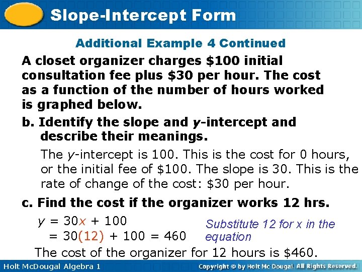 Slope-Intercept Form Additional Example 4 Continued A closet organizer charges $100 initial consultation fee