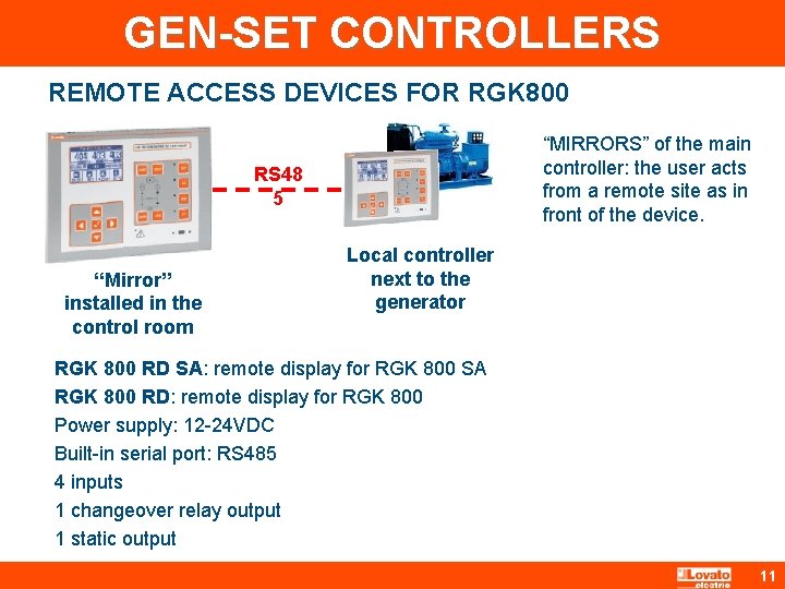 GEN-SET CONTROLLERS REMOTE ACCESS DEVICES FOR RGK 800 “MIRRORS” of the main controller: the
