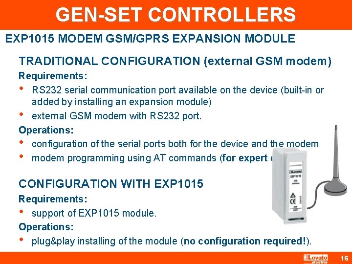 GEN-SET CONTROLLERS EXP 1015 MODEM GSM/GPRS EXPANSION MODULE TRADITIONAL CONFIGURATION (external GSM modem) Requirements: