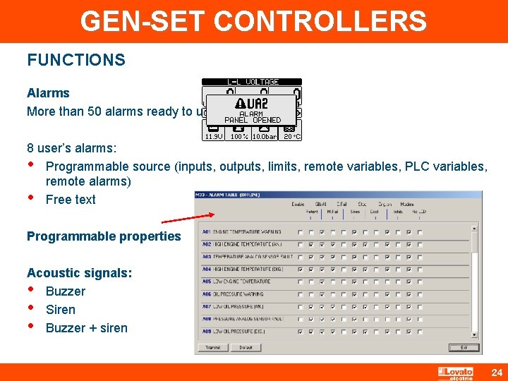 GEN-SET CONTROLLERS FUNCTIONS Alarms More than 50 alarms ready to use 8 user’s alarms: