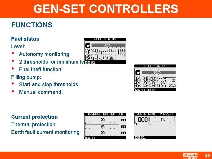 GEN-SET CONTROLLERS FUNCTIONS Fuel status Level: • Autonomy monitoring • 2 thresholds for minimum