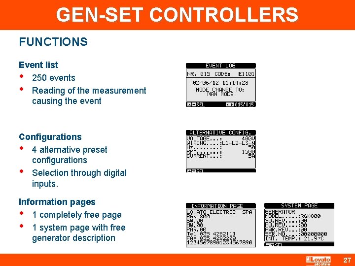 GEN-SET CONTROLLERS FUNCTIONS Event list • 250 events • Reading of the measurement causing