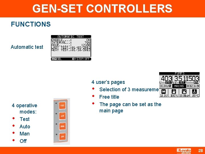 GEN-SET CONTROLLERS FUNCTIONS Automatic test 4 operative modes: • Test • Auto • Man