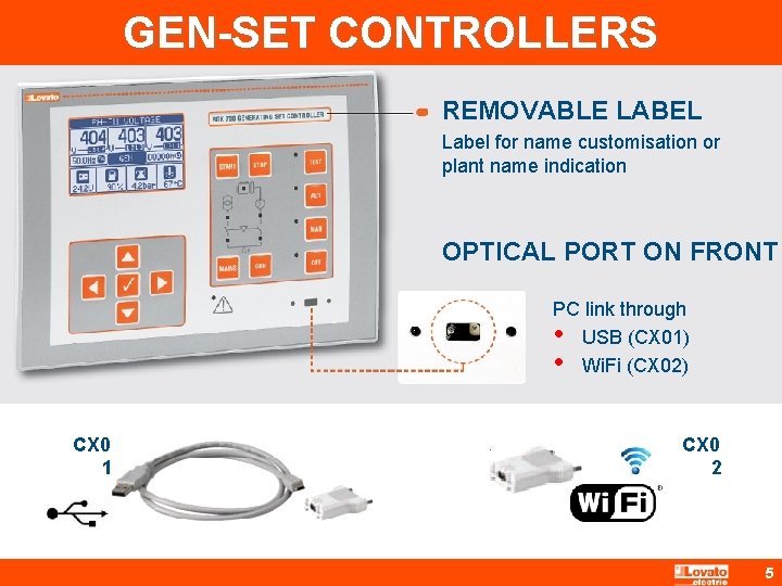 GEN-SET CONTROLLERS REMOVABLE LABEL Label for name customisation or plant name indication OPTICAL PORT