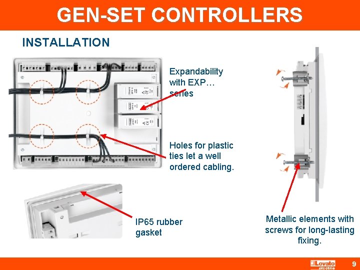 GEN-SET CONTROLLERS INSTALLATION Expandability with EXP… series Holes for plastic ties let a well