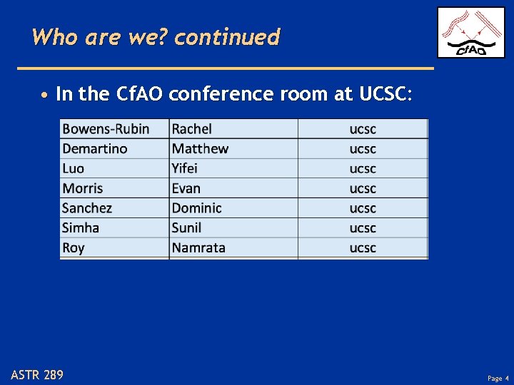 Who are we? continued • In the Cf. AO conference room at UCSC: ASTR